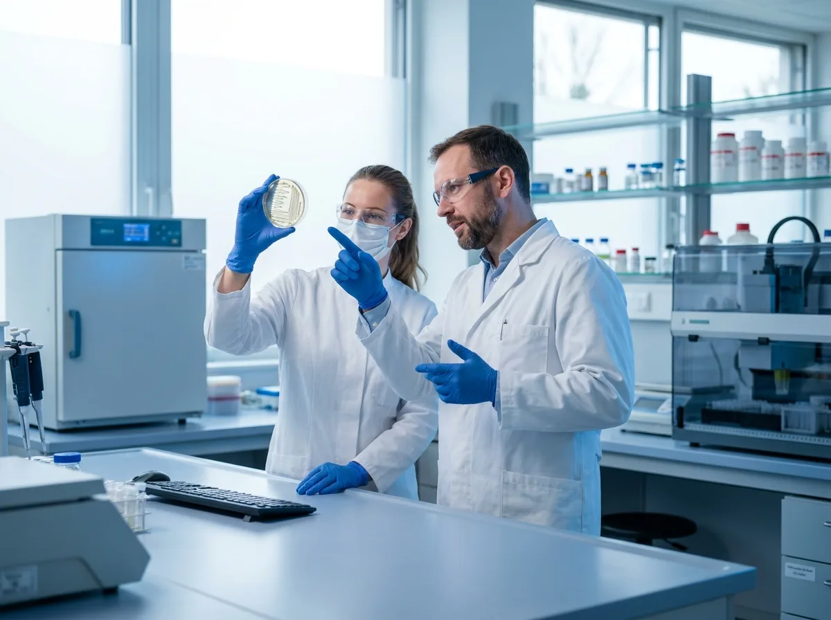 Dos técnicos de laboratorio evaluando una placa de Petri