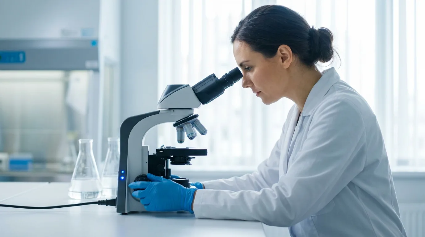 Microbióloga analizando una muestra al microscopio